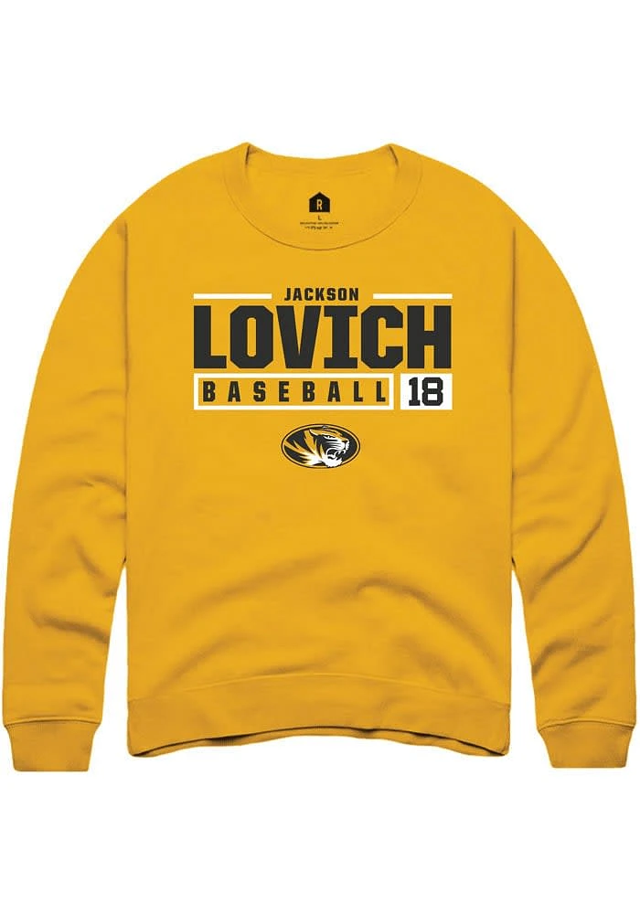 Jackson Lovich Rally Missouri Tigers Mens Gold NIL Stacked Box Long Sleeve Crew Sweatshirt