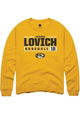 Jackson Lovich  Rally Missouri Tigers Mens Gold NIL Stacked Box Long Sleeve Crew Sweatshirt