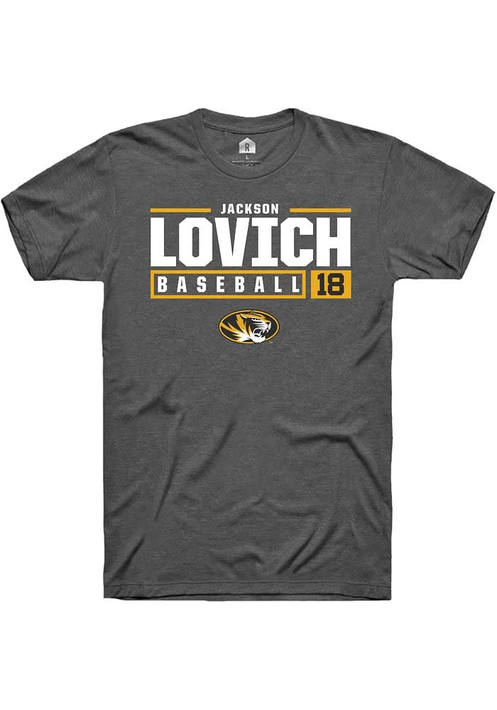 Jackson Lovich Missouri Tigers Dark Grey Rally NIL Stacked Box Short Sleeve T Shirt