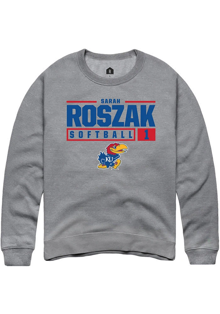Sara Roszak Rally Kansas Jayhawks Mens Graphite NIL Stacked Box Long Sleeve Crew Sweatshirt