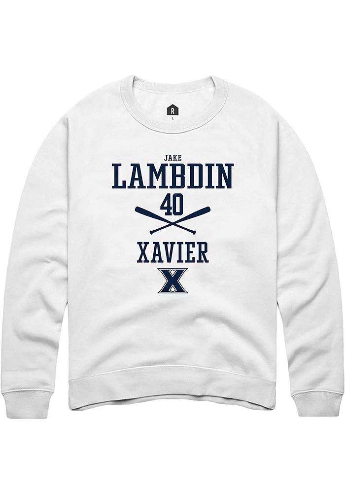 Jake Lambdin  Rally Xavier Musketeers Mens White NIL Sport Icon Long Sleeve Crew Sweatshirt