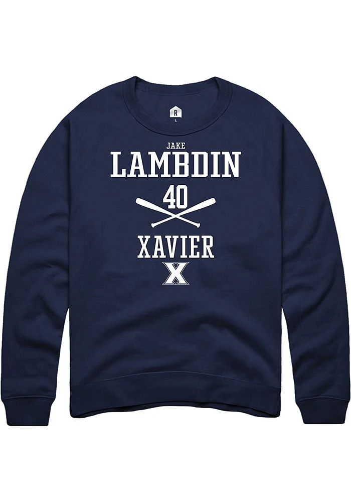 Jake Lambdin  Rally Xavier Musketeers Mens Navy Blue NIL Sport Icon Long Sleeve Crew Sweatshirt