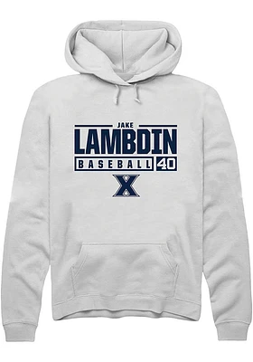 Jake Lambdin  Rally Xavier Musketeers Mens White NIL Stacked Box Long Sleeve Hoodie