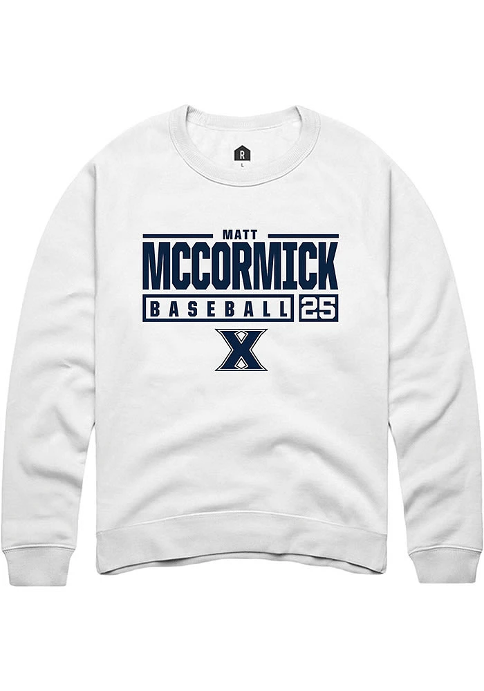 Matt McCormick  Rally Xavier Musketeers Mens White NIL Stacked Box Long Sleeve Crew Sweatshirt