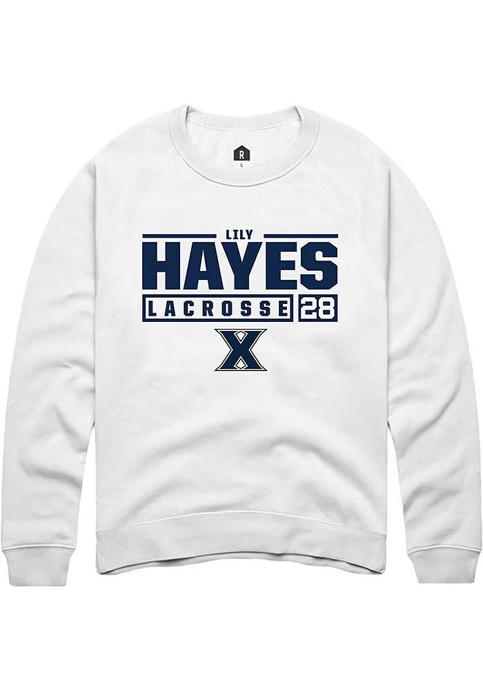 Lily Hayes  Rally Xavier Musketeers Mens White NIL Stacked Box Long Sleeve Crew Sweatshirt