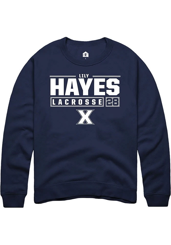 Lily Hayes  Rally Xavier Musketeers Mens Navy Blue NIL Stacked Box Long Sleeve Crew Sweatshirt