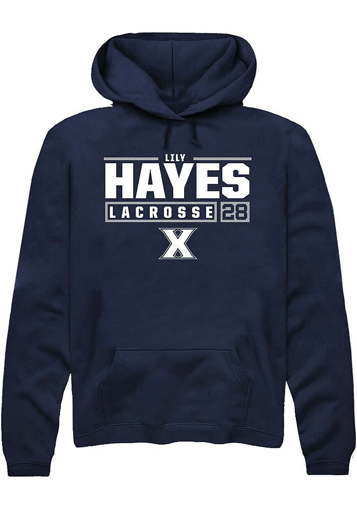 Lily Hayes  Rally Xavier Musketeers Mens Navy Blue NIL Stacked Box Long Sleeve Hoodie