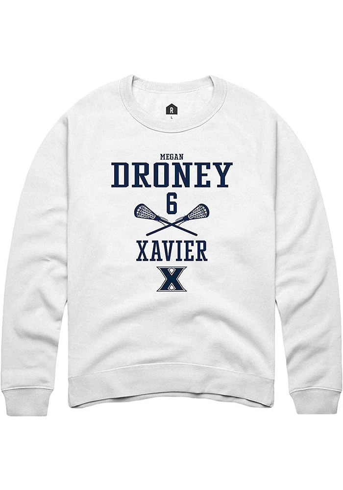 Megan Droney  Rally Xavier Musketeers Mens White NIL Sport Icon Long Sleeve Crew Sweatshirt