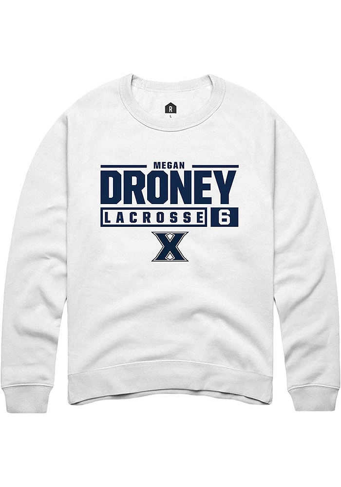 Megan Droney  Rally Xavier Musketeers Mens White NIL Stacked Box Long Sleeve Crew Sweatshirt