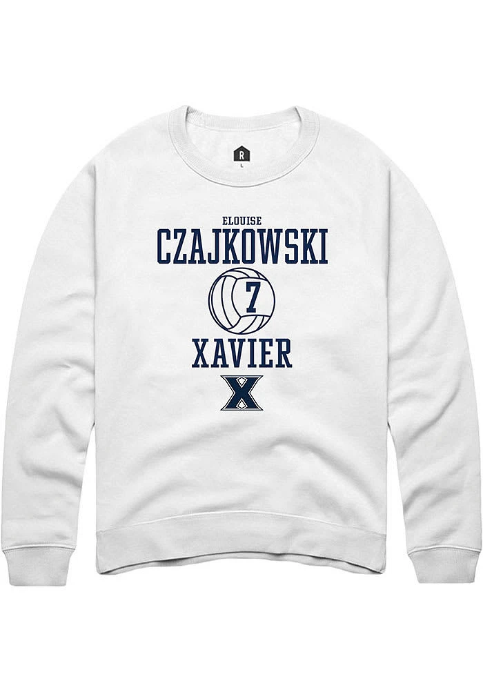 Elouise Czajkowski  Rally Xavier Musketeers Mens White NIL Sport Icon Long Sleeve Crew Sweatshir..