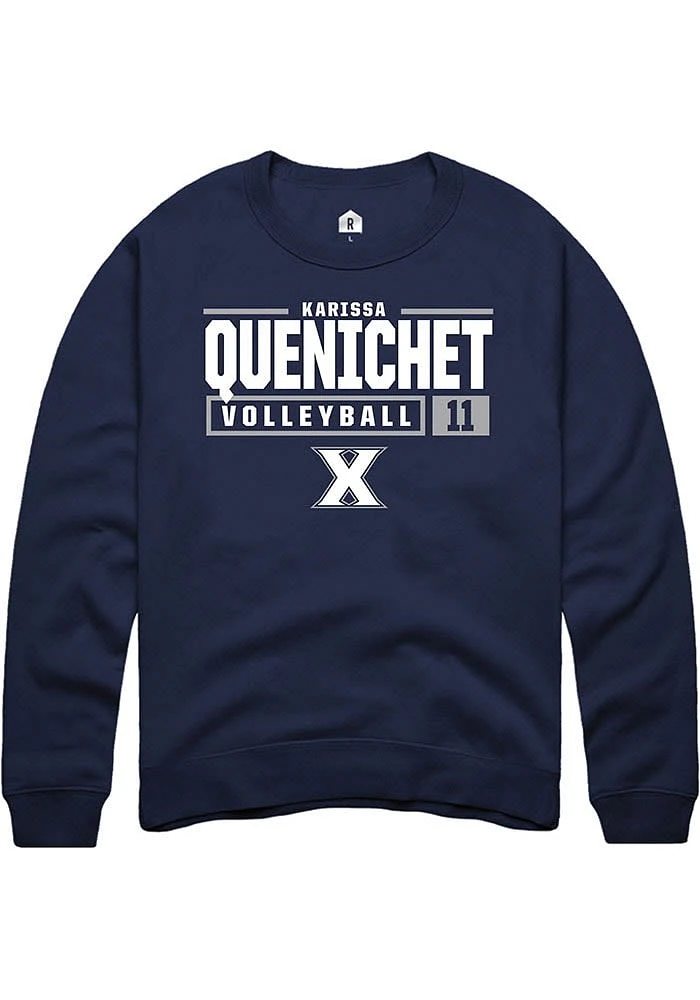 Karissa Quenichet  Rally Xavier Musketeers Mens Navy Blue NIL Stacked Box Long Sleeve Crew Sweat..