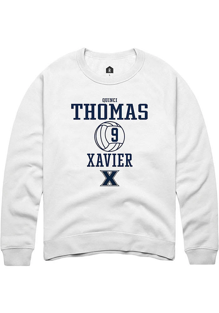 Quinci Thomas  Rally Xavier Musketeers Mens White NIL Sport Icon Long Sleeve Crew Sweatshirt