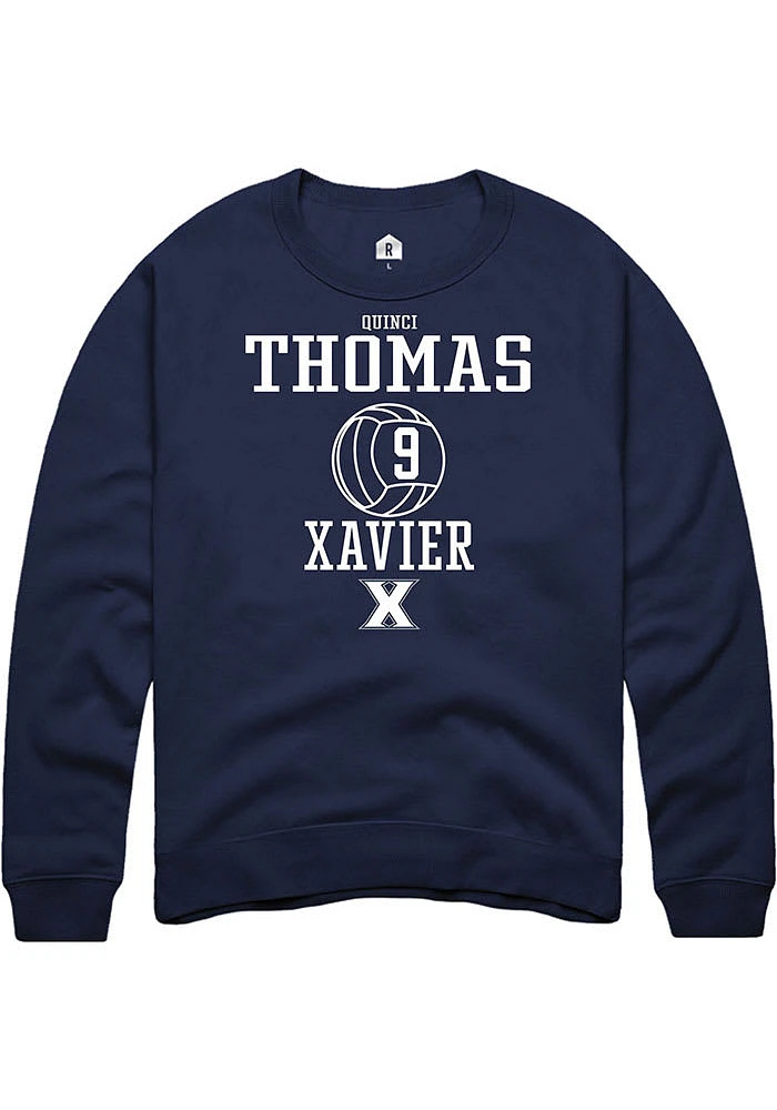 Quinci Thomas  Rally Xavier Musketeers Mens Navy Blue NIL Sport Icon Long Sleeve Crew Sweatshirt