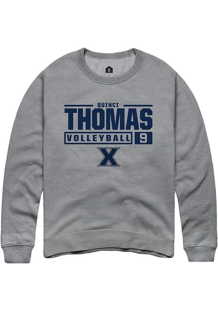 Quinci Thomas  Rally Xavier Musketeers Mens Graphite NIL Stacked Box Long Sleeve Crew Sweatshirt