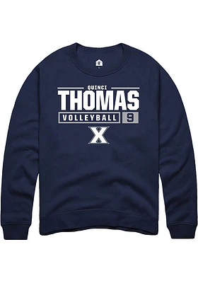 Quinci Thomas  Rally Xavier Musketeers Mens Navy Blue NIL Stacked Box Long Sleeve Crew Sweatshir..