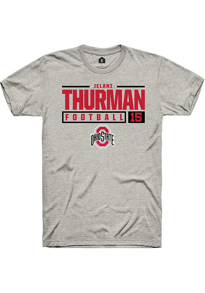 Jelani Thurman  Ohio State Buckeyes Ash Rally NIL Stacked Box Short Sleeve T Shirt