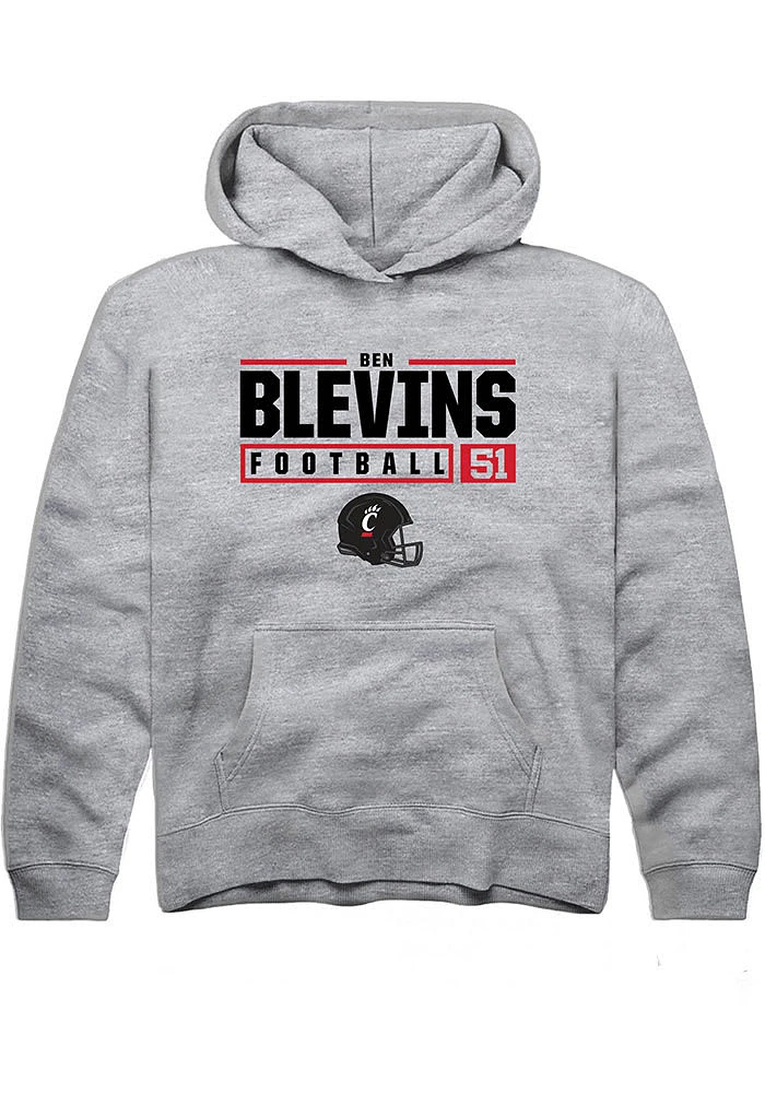 Ben Blevins  Rally Cincinnati Bearcats Youth Grey NIL Stacked Box Long Sleeve Hoodie