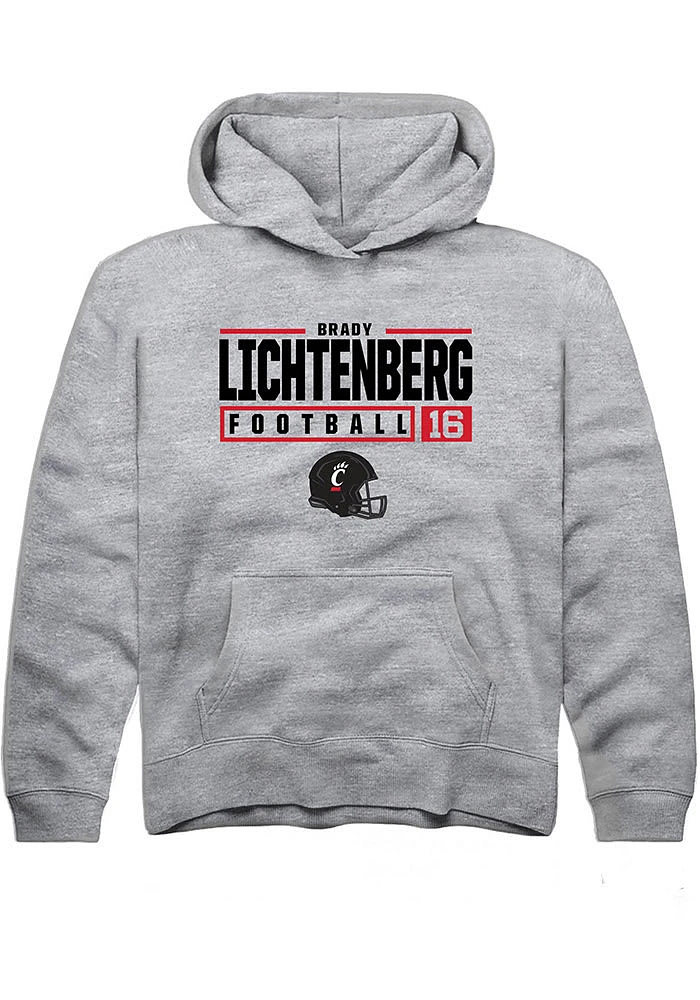 Brady Lichtenberg  Rally Cincinnati Bearcats Youth Grey NIL Stacked Box Long Sleeve Hoodie