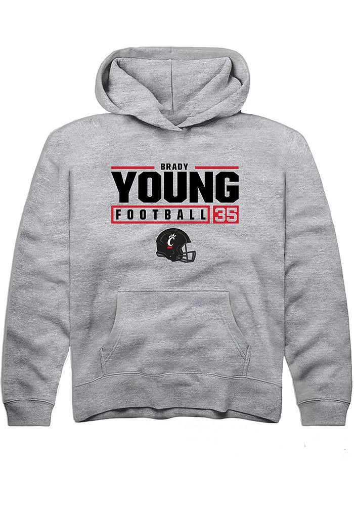 Brady Young  Rally Cincinnati Bearcats Youth Grey NIL Stacked Box Long Sleeve Hoodie