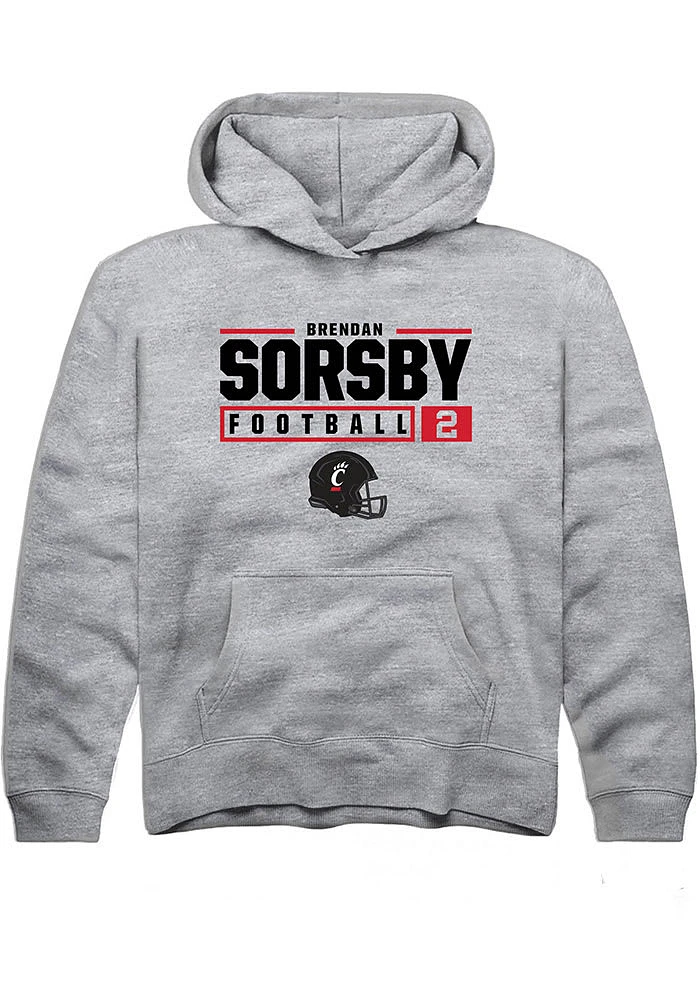 Brendan Sorsby  Rally Cincinnati Bearcats Youth Grey NIL Stacked Box Design Long Sleeve Hoodie