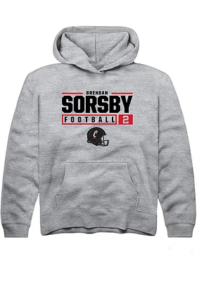 Brendan Sorsby  Rally Cincinnati Bearcats Youth Grey NIL Stacked Box Design Long Sleeve Hoodie