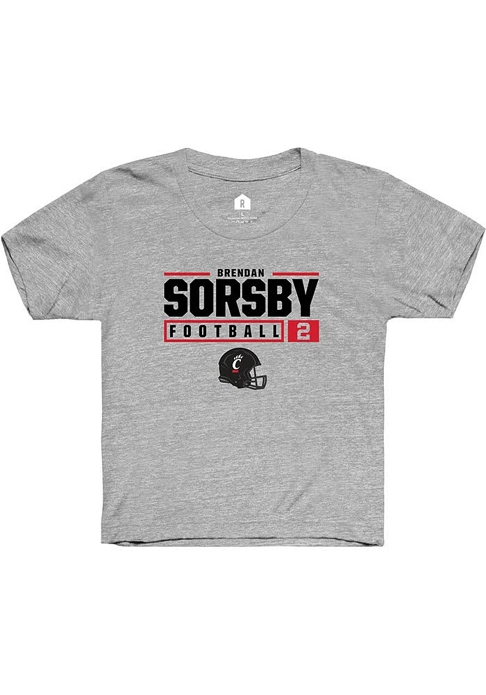 Brendan Sorsby  Rally Cincinnati Bearcats Youth Grey NIL Stacked Box Design Short Sleeve T-Shirt