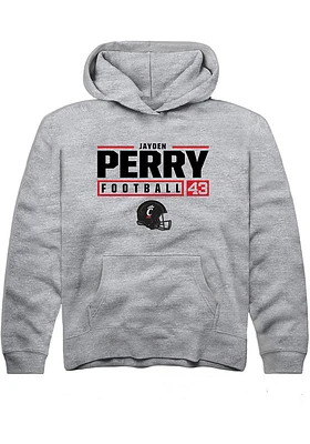 Jayden Perry Rally Youth Grey Cincinnati Bearcats NIL Stacked Box Long Sleeve Hooded Sweatshirt