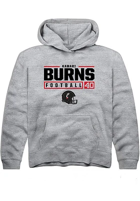Kamari Burns Rally Youth Grey Cincinnati Bearcats NIL Stacked Box Long Sleeve Hooded Sweatshirt