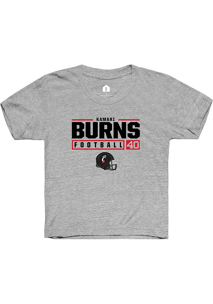 Kamari Burns Rally Youth Grey Cincinnati Bearcats NIL Stacked Box Short Sleeve T-Shirt