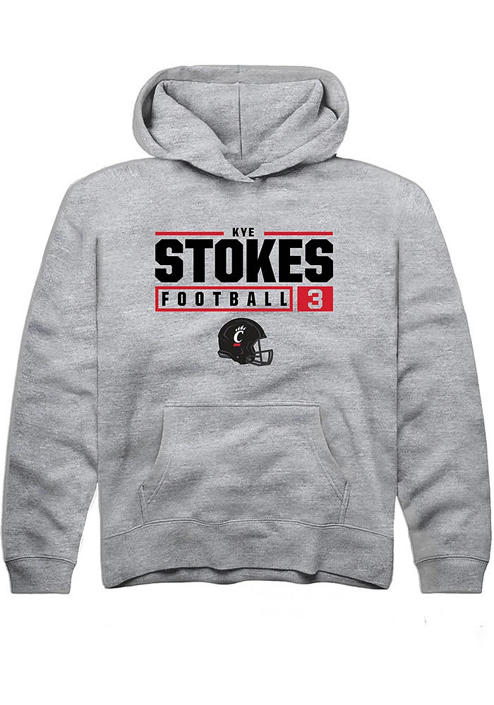 Kye Stokes Rally Youth Grey Cincinnati Bearcats NIL Stacked Box Long Sleeve Hooded Sweatshirt