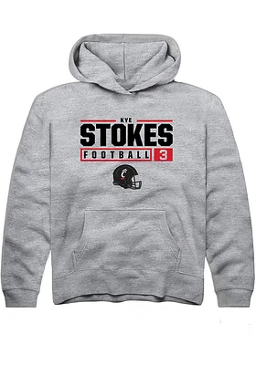Kye Stokes Rally Youth Grey Cincinnati Bearcats NIL Stacked Box Long Sleeve Hooded Sweatshirt