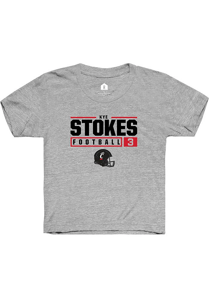 Kye Stokes Rally Youth Grey Cincinnati Bearcats NIL Stacked Box Short Sleeve T-Shirt