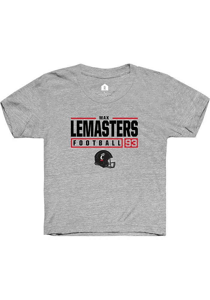 Max Lemasters Rally Youth Grey Cincinnati Bearcats NIL Stacked Box Short Sleeve T-Shirt