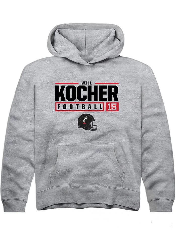 Will Kocher Rally Youth Grey Cincinnati Bearcats NIL Stacked Box Long Sleeve Hooded Sweatshirt