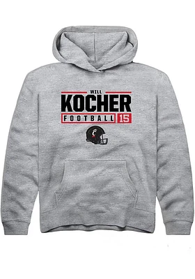 Will Kocher Rally Youth Grey Cincinnati Bearcats NIL Stacked Box Long Sleeve Hooded Sweatshirt