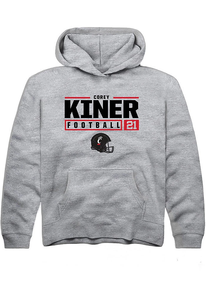 Corey Kiner  Rally Cincinnati Bearcats Youth Grey NIL Stacked Box Graphic Long Sleeve Hoodie