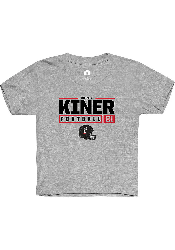 Corey Kiner  Rally Cincinnati Bearcats Youth Grey NIL Stacked Box Designed Short Sleeve T-Shirt