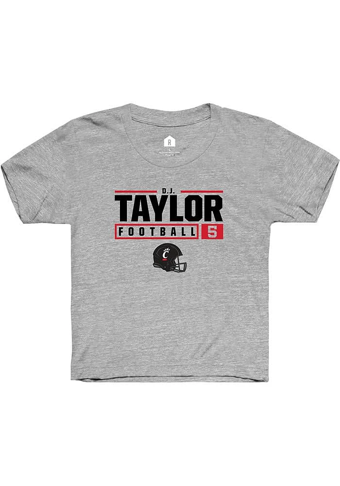 D.J. Taylor Rally Youth Grey Cincinnati Bearcats NIL Stacked Box Short Sleeve T-Shirt