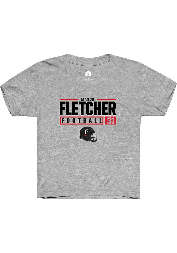 Mason Fletcher Rally Youth Grey Cincinnati Bearcats NIL Stacked Box Short Sleeve T-Shirt