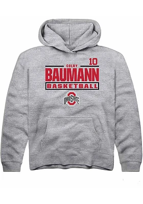 Colby Baumann  Rally Ohio State Buckeyes Youth Grey NIL Stacked Box Long Sleeve Hoodie