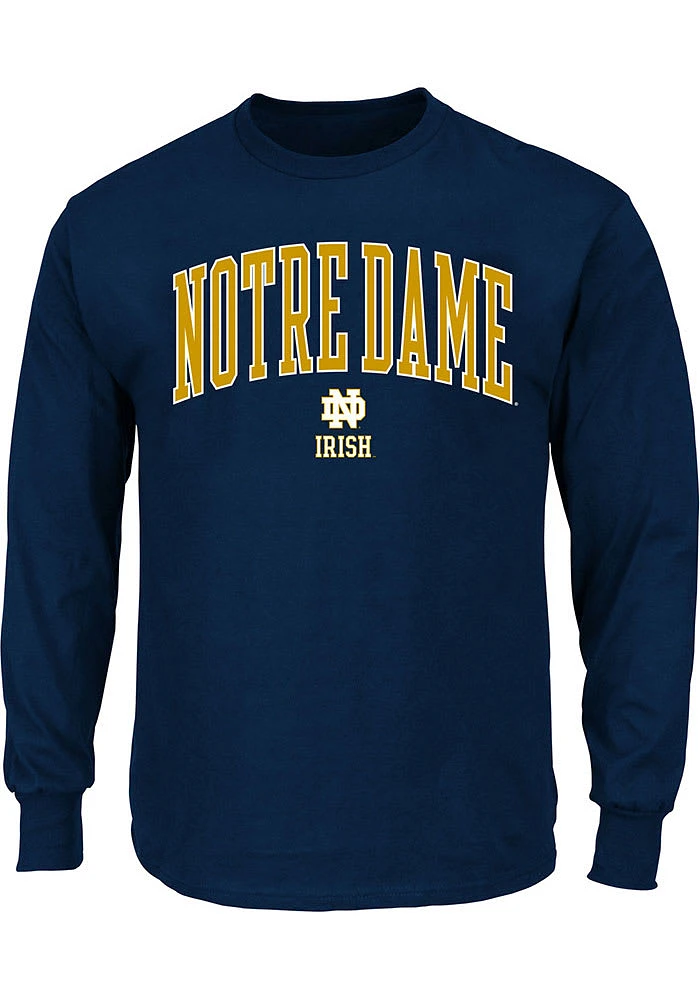 Notre Dame Fighting Irish Mens Navy Blue Arch Mascot Big and Tall Long Sleeve T-Shirt