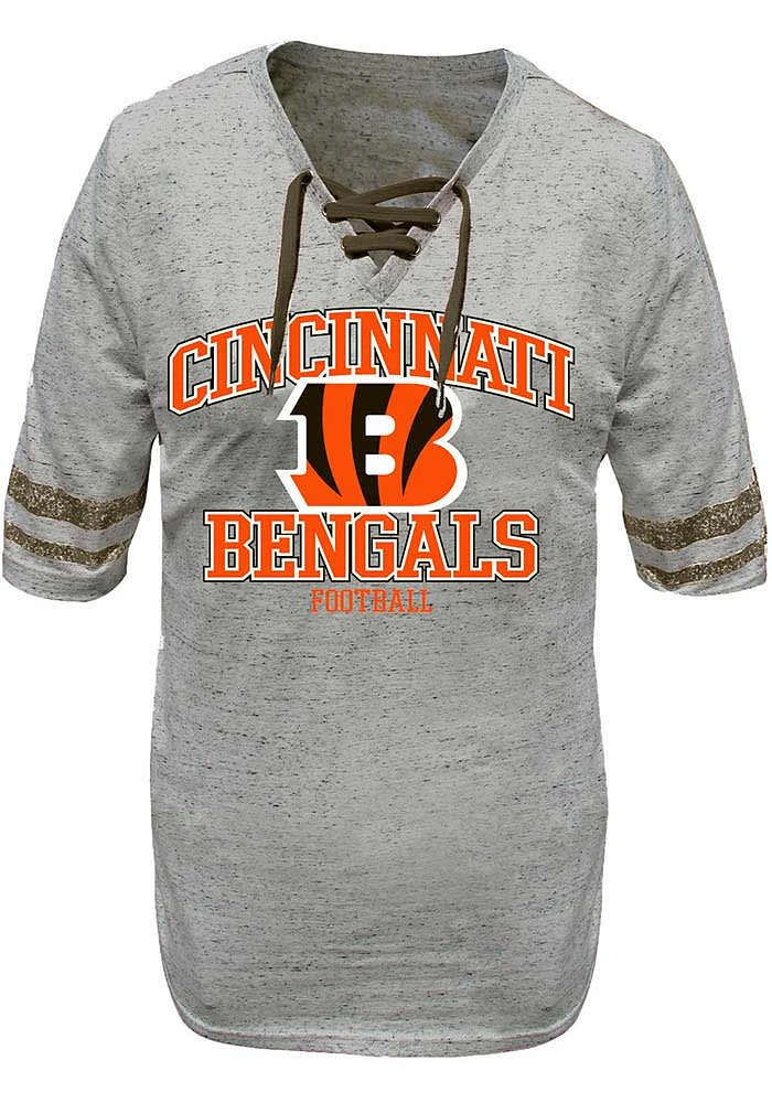 Cincinnati Bengals Womens Grey Lace Up Design Short Sleeve T-Shirt