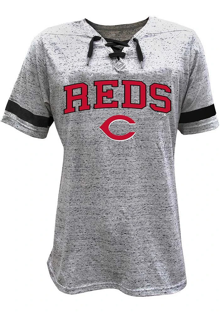 Cincinnati Reds Womens Grey Lace Up Design Short Sleeve T-Shirt