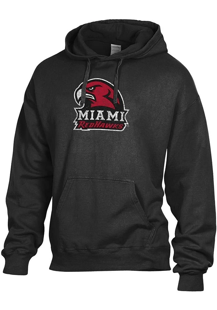 ComfortWash Miami RedHawks Mens Black Logo Garment Dyed Long Sleeve Hoodie