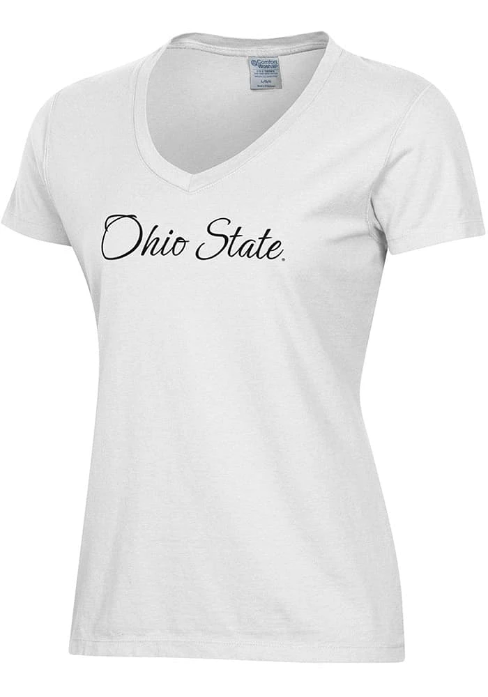 ComfortWash Ohio State Buckeyes Womens White Script Garment Dyed Short Sleeve T-Shirt