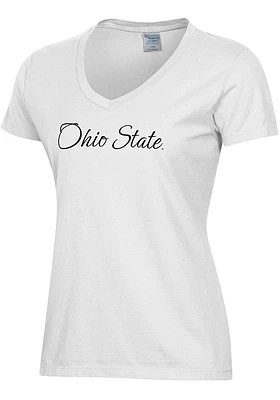 ComfortWash Ohio State Buckeyes Womens White Script Garment Dyed Short Sleeve T-Shirt