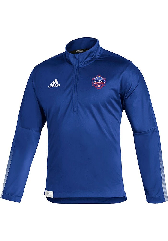 Adidas Kansas Jayhawks Mens Blue 2022 National Champions Sideline21 Long Sleeve Qtr Zip Pullover