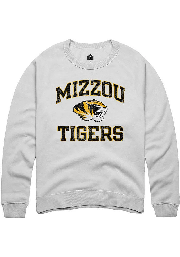 Rally Missouri Tigers Mens White Number One Distressed Long Sleeve Crew Sweatshirt