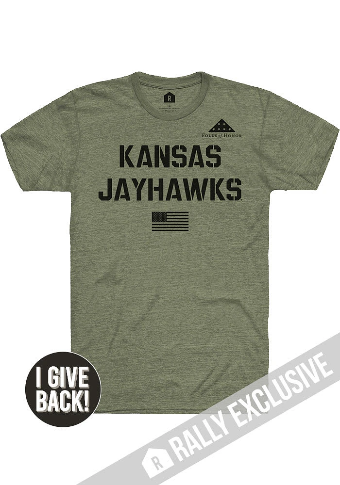 Rally Kansas Jayhawks Olive Folds of Honor Stencil Short Sleeve Fashion T Shirt