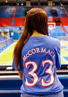 David McCormack Kansas Jayhawks Blue Basketball Player Name and Number Short Sleeve T Shirt